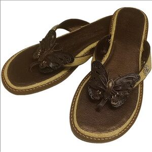 BRIGHTON BUTTERFLY BROWN LEATHER SANDALS WITH NATURAL WICKER STRAW TRIM
